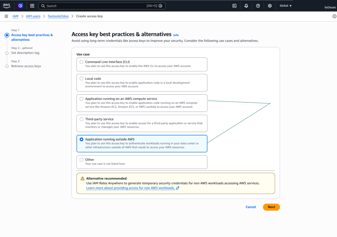 Select 'Application running outside AWS' as the access key use case for Odoo